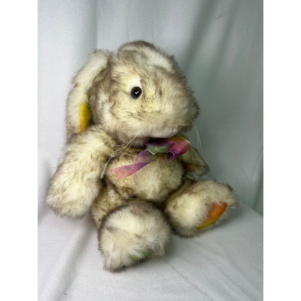 Vintage Walmart Rainbow Ribbon Bunny Rabbit Plush Stuffed Animal Tan‎ Cream 12in